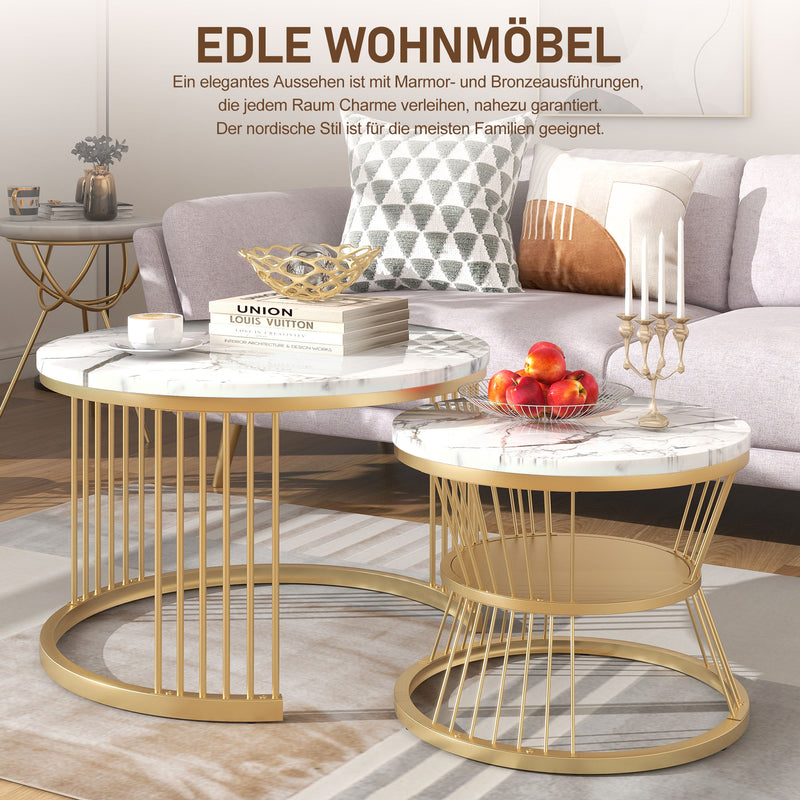 Ensemble table basse gigogne moderne en placage de marbre rondes cadre de couleur dorée TAARROLS
