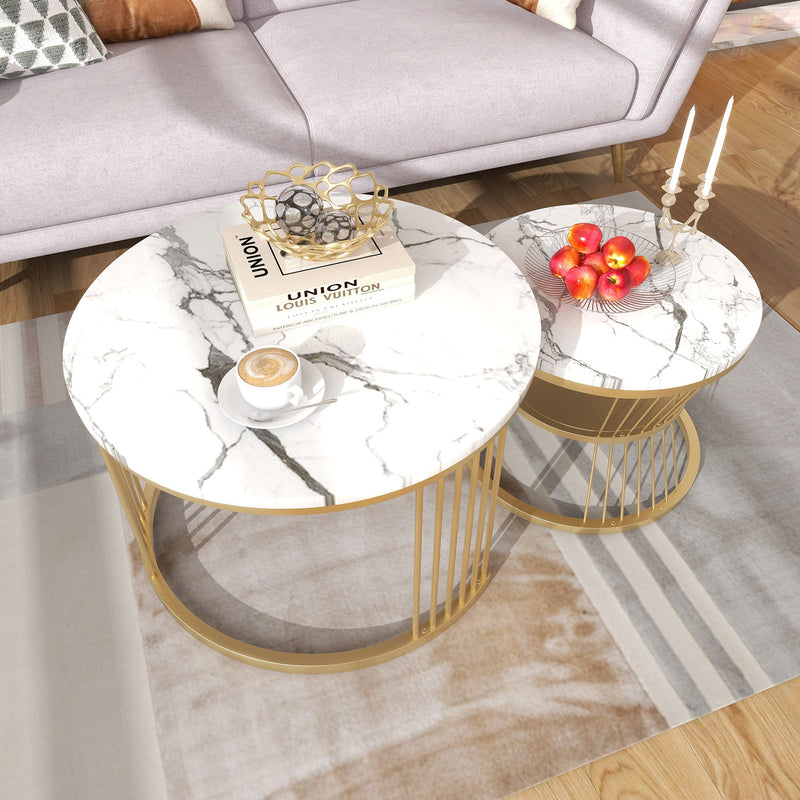 Ensemble table basse gigogne moderne en placage de marbre rondes cadre de couleur dorée TAARROLS