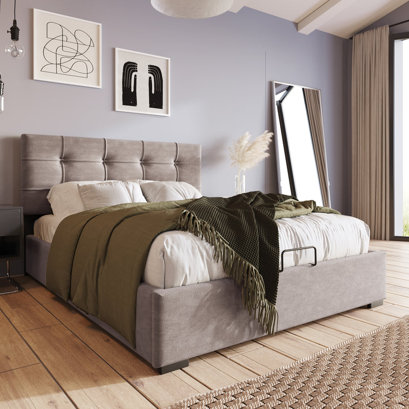 Lit rembourré simple hydraulique 90x200cm, tête de lit réglable, lit à lattes de cadre en métal, velours, cadre de lit moderne avec espace de rangement, gris clair  Tegza