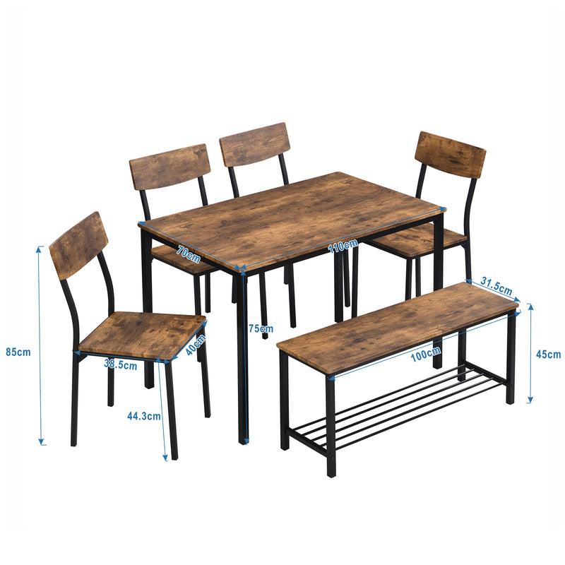 Ensemble de table et 4 chaises avec un banc et son grillage pour rangement industriel effet bois QUSCUKS