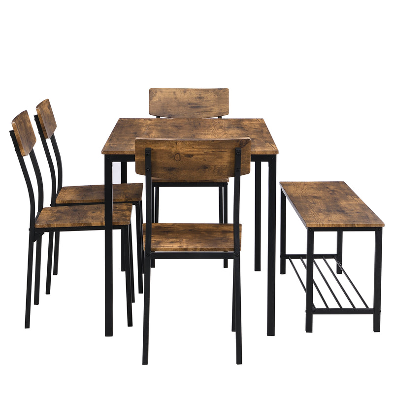 Set aus Tisch und 4 Stühlen mit einer Bank und ihrem Netz für die industrielle Aufbewahrung in Holzoptik QUUSCUKS