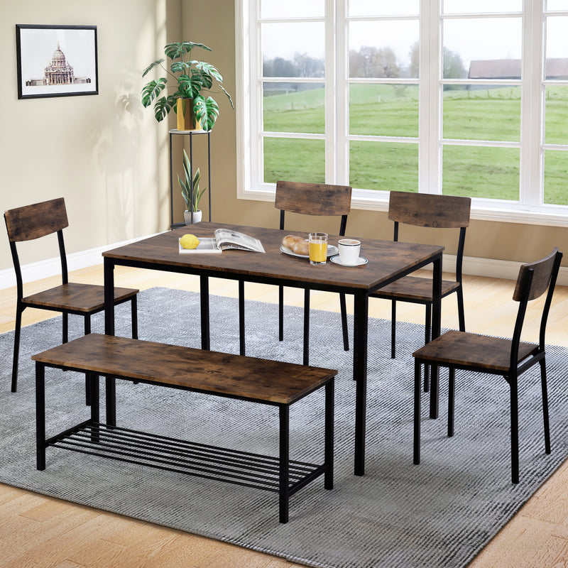 Set aus Tisch und 4 Stühlen mit einer Bank und ihrem Netz für die industrielle Aufbewahrung in Holzoptik QUUSCUKS