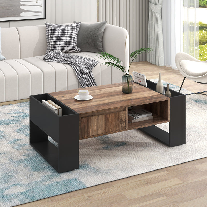 Table basse avec un tiroir un compartiments de rangement en bois structure noir Truxeots