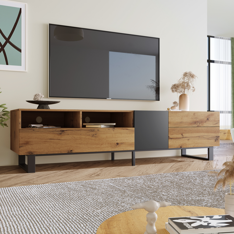 Meuble TV moderne aux couleurs contrastées avec grain de bois et gris 180 cm SCILQUKS