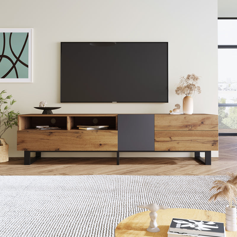 Meuble TV moderne aux couleurs contrastées avec grain de bois et gris 180 cm SCILQUKS