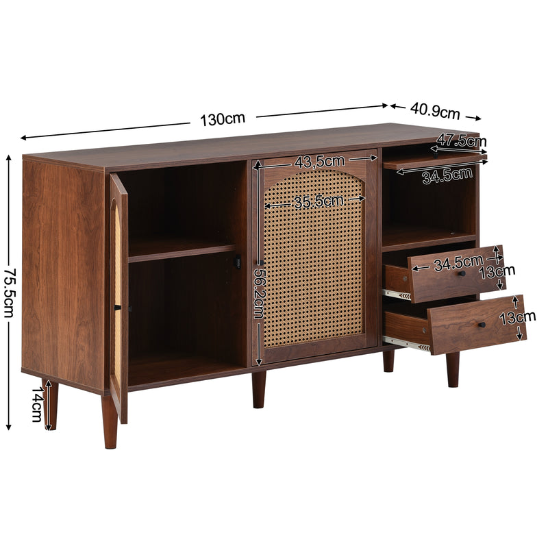 Buffet effet bois marron avec rotin 3 portes 2 tiroirs 130*75,5*40 cm SCRENKU