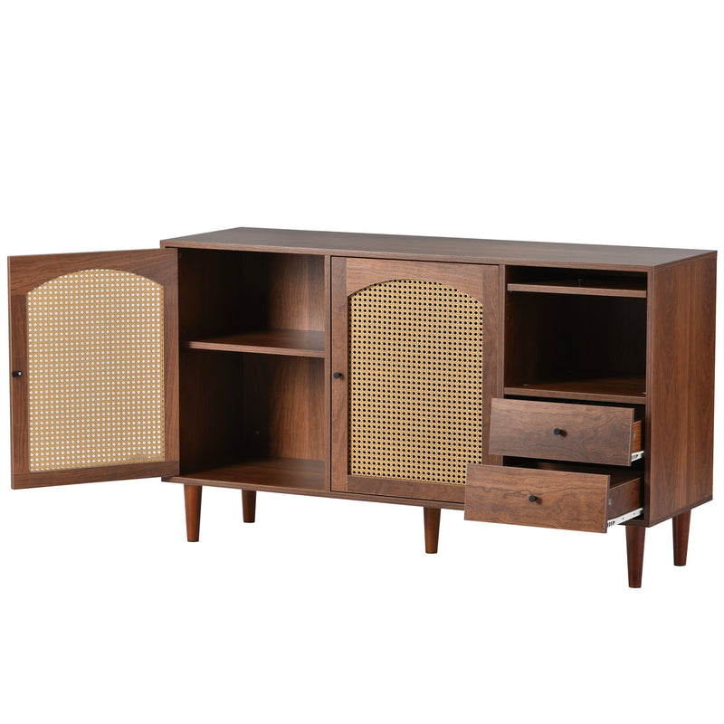 Buffet effet bois marron avec rotin 3 portes 2 tiroirs 130*75,5*40 cm SCRENKU