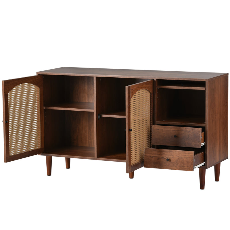 Buffet effet bois marron avec rotin 3 portes 2 tiroirs 130*75,5*40 cm SCRENKU