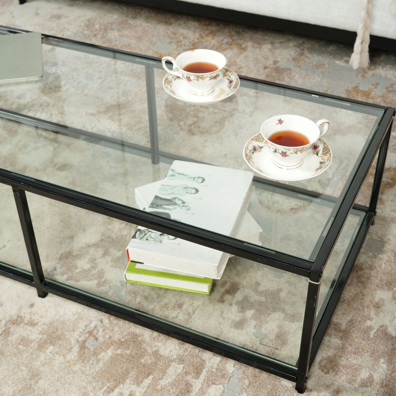 Table basse rectangulaire verre trempé transparent clair structure noir 110*50 JUSTIN A