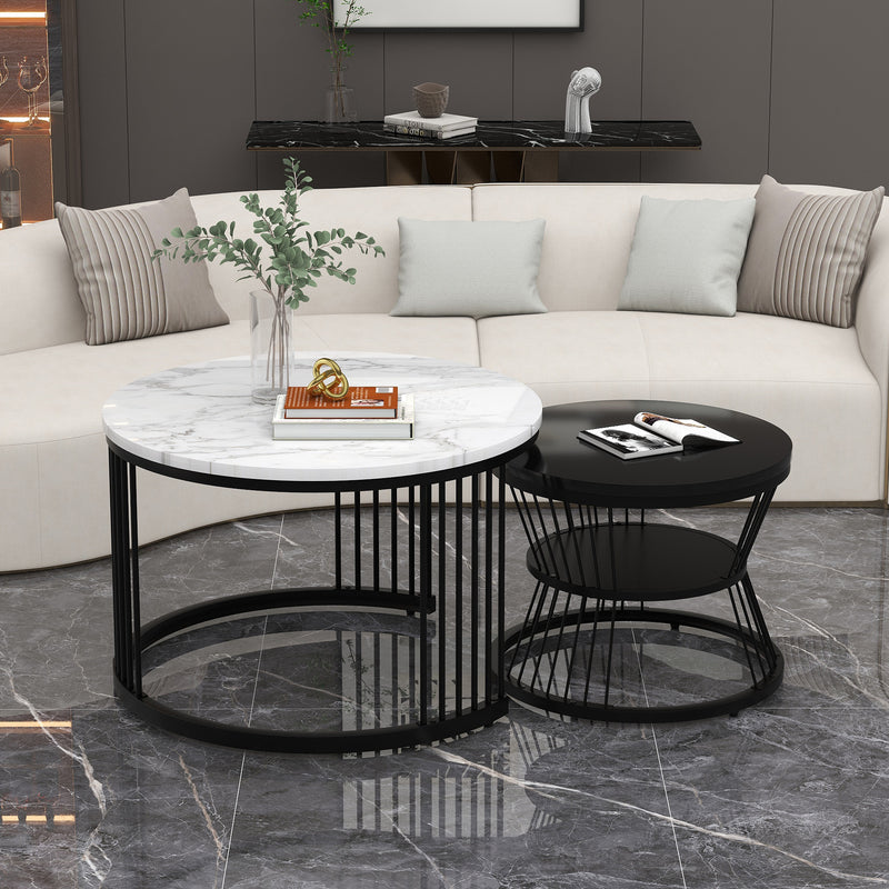 Ensemble de 2 tables basses gigognes ronde moderne effet marbre et noir brillant USTREOLS