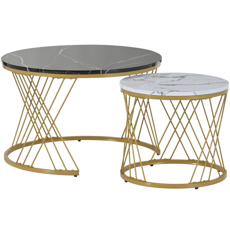 Lot de 2 tables basses gigognes moderne en placage de marbre noir et blanc cadre doré TRED