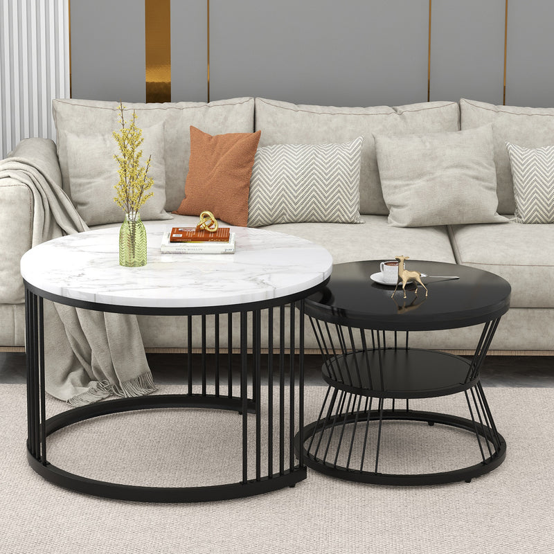 Ensemble de 2 tables basses gigognes ronde moderne effet marbre et noir brillant USTREOLS