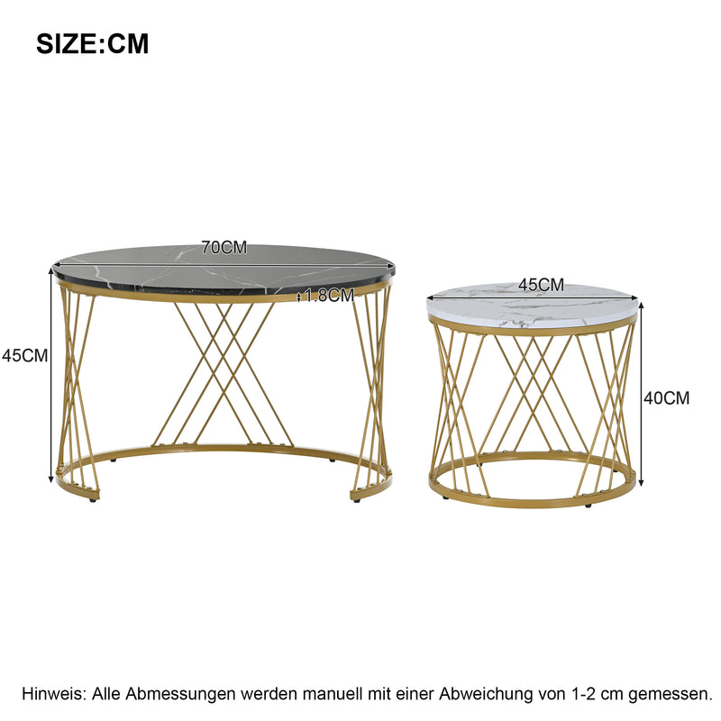 Lot de 2 tables basses gigognes moderne en placage de marbre noir et blanc cadre doré TRED