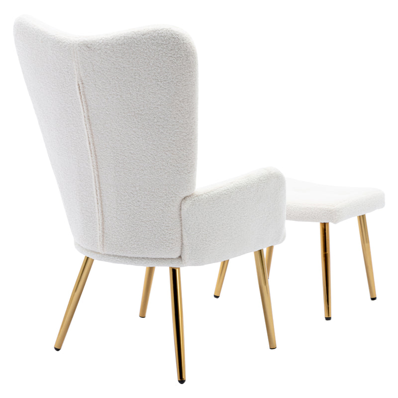 Fauteuil relax tissu Teddy polaire bouclette blanc scandinave repose-pieds assorti pieds dorés SUGEL