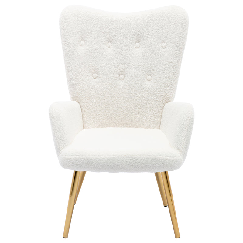 Fauteuil relax tissu Teddy polaire bouclette blanc scandinave repose-pieds assorti pieds dorés SUGEL