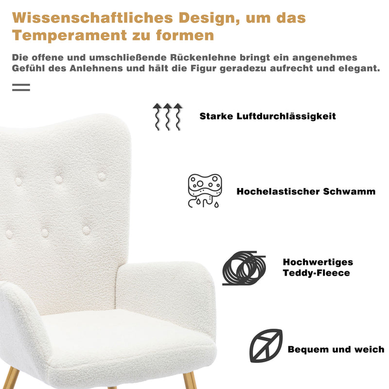 Fauteuil relax tissu Teddy polaire bouclette blanc scandinave repose-pieds assorti pieds dorés SUGEL