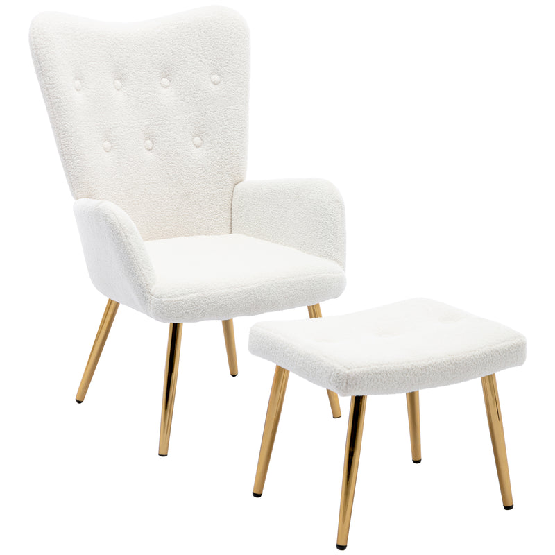 Fauteuil relax tissu Teddy polaire bouclette blanc scandinave repose-pieds assorti pieds dorés SUGEL