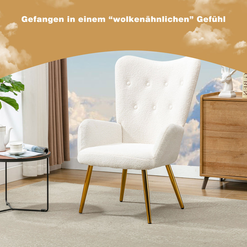 Fauteuil relax tissu Teddy polaire bouclette blanc scandinave repose-pieds assorti pieds dorés SUGEL