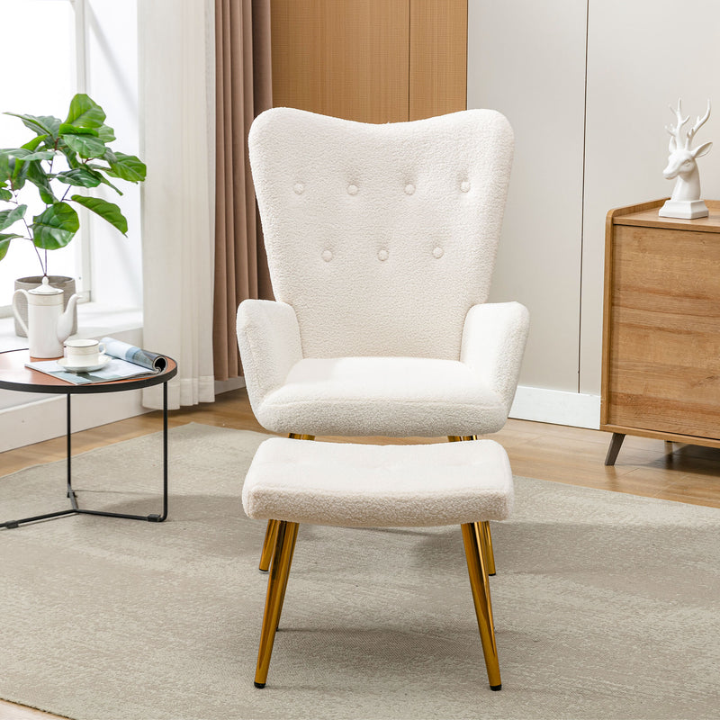 Fauteuil relax tissu Teddy polaire bouclette blanc scandinave repose-pieds assorti pieds dorés SUGEL