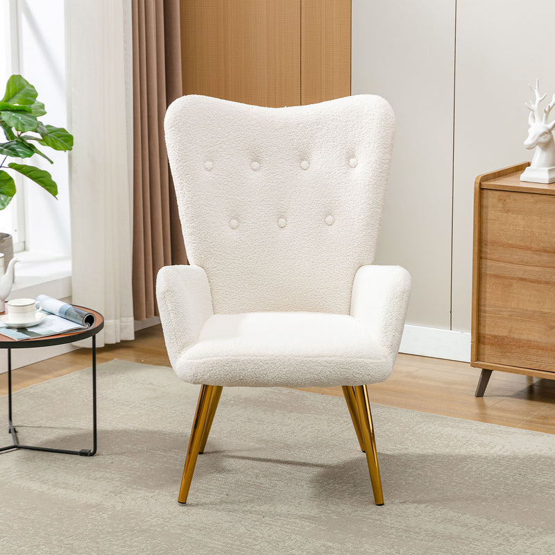 Fauteuil relax tissu Teddy polaire bouclette blanc scandinave repose-pieds assorti pieds dorés SUGEL