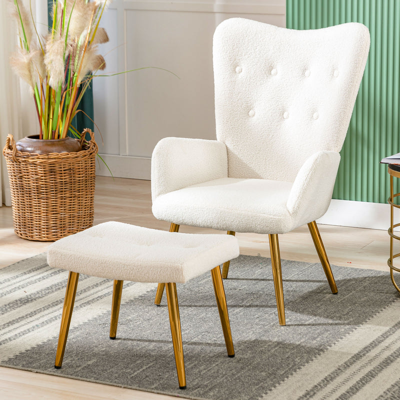 Fauteuil relax tissu Teddy polaire bouclette blanc scandinave repose-pieds assorti pieds dorés SUGEL