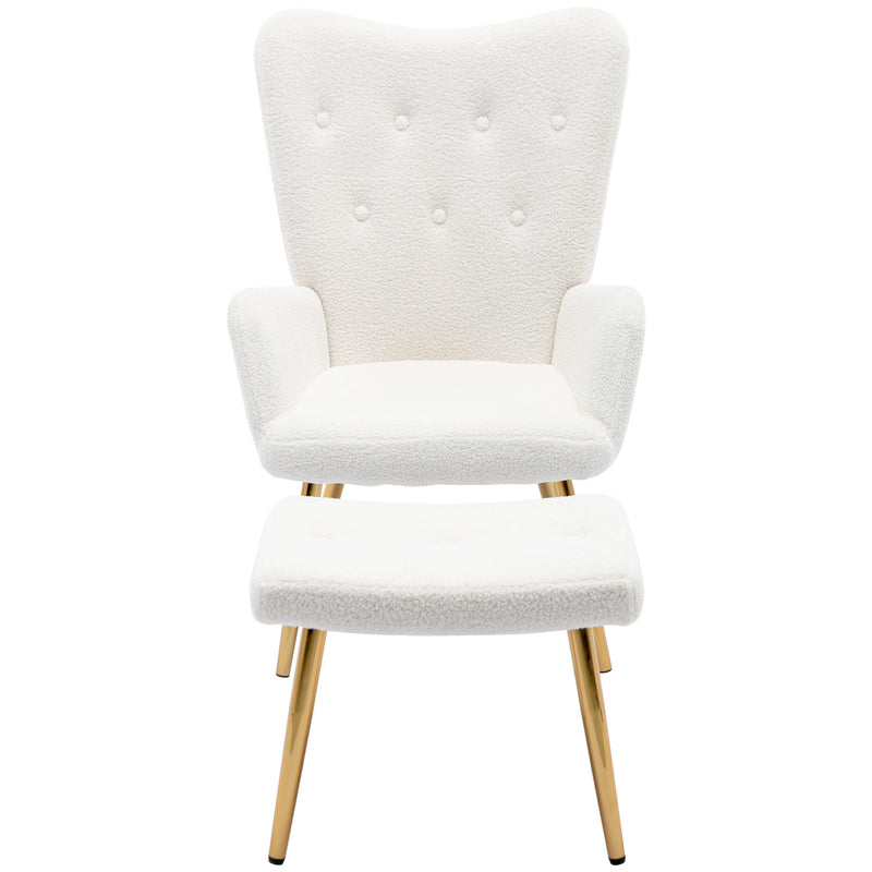 Fauteuil relax tissu Teddy polaire bouclette blanc scandinave repose-pieds assorti pieds dorés SUGEL