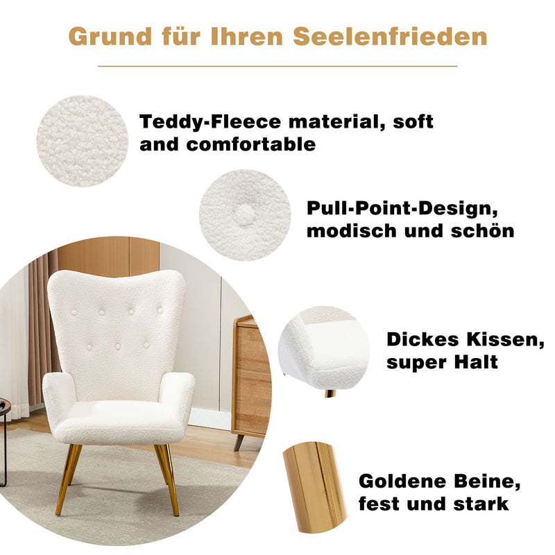 Fauteuil relax tissu Teddy polaire bouclette blanc scandinave repose-pieds assorti pieds dorés SUGEL