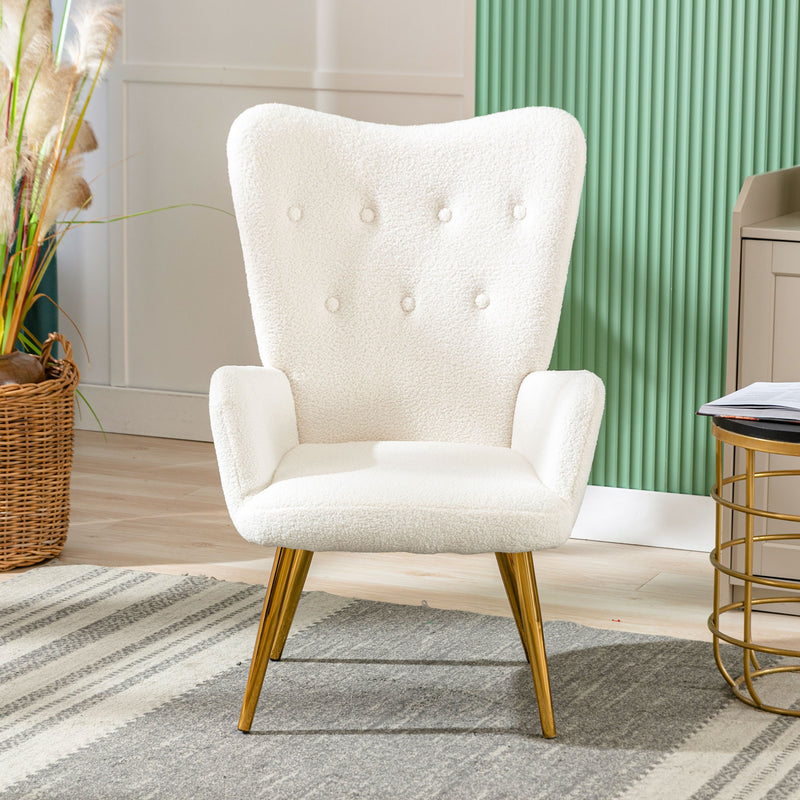 Fauteuil relax tissu Teddy polaire bouclette blanc scandinave repose-pieds assorti pieds dorés SUGEL