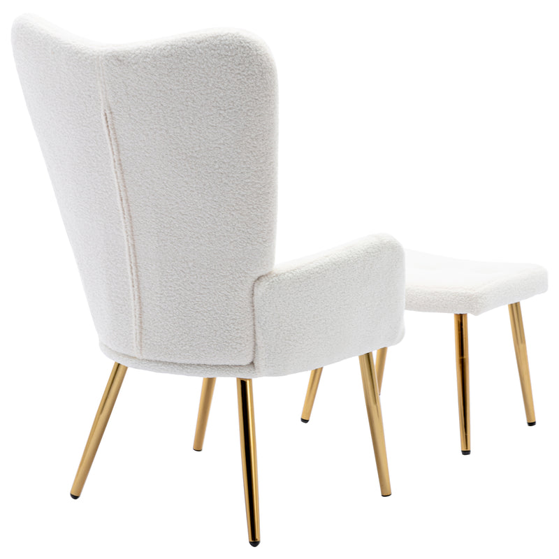 Fauteuil relax tissu Teddy polaire bouclette blanc scandinave repose-pieds assorti pieds dorés SUGEL