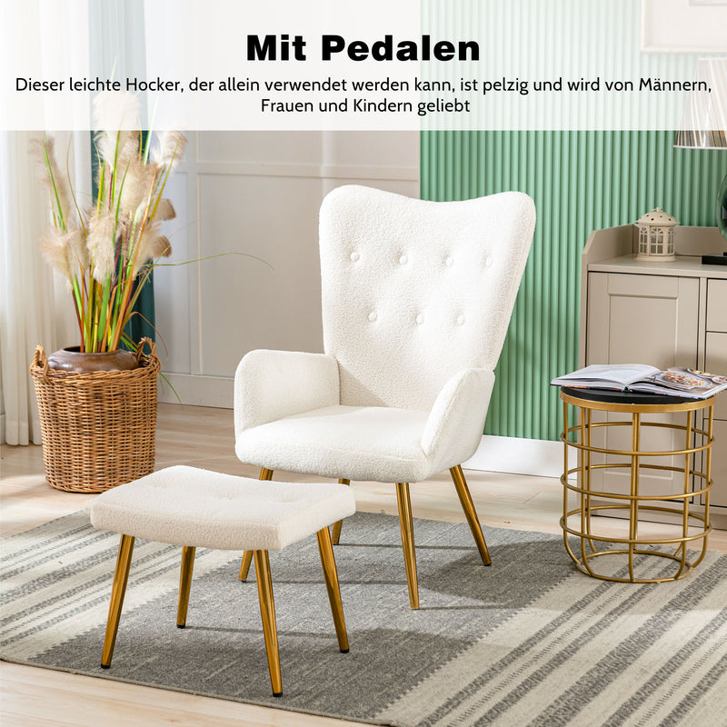 Fauteuil relax tissu Teddy polaire bouclette blanc scandinave repose-pieds assorti pieds dorés SUGEL