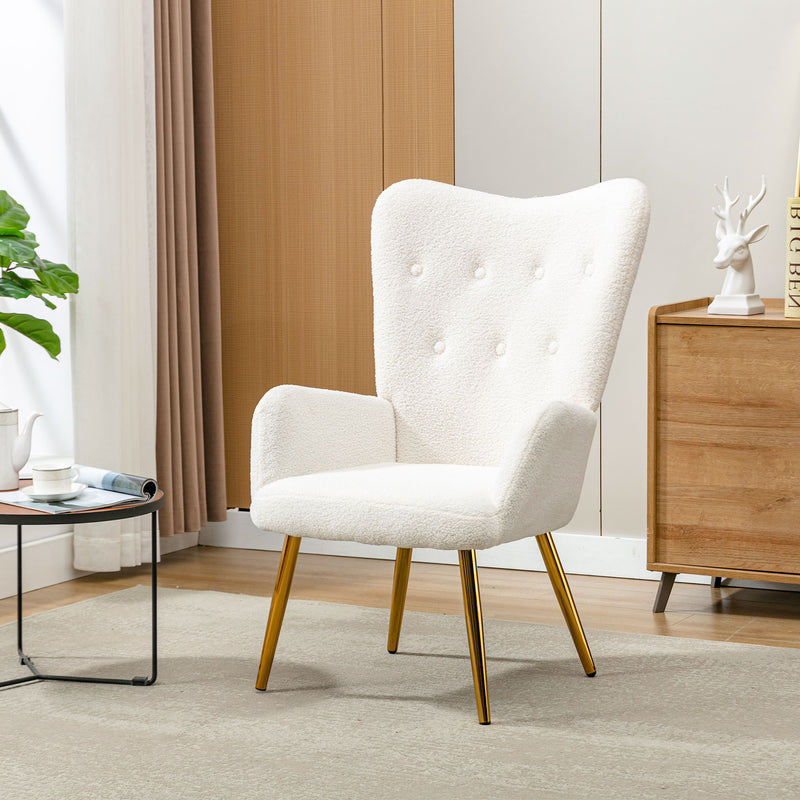 Fauteuil relax tissu Teddy polaire bouclette blanc scandinave repose-pieds assorti pieds dorés SUGEL