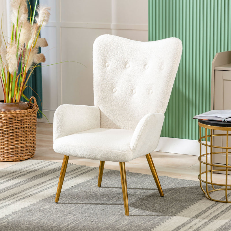 Fauteuil relax tissu Teddy polaire bouclette blanc scandinave repose-pieds assorti pieds dorés SUGEL