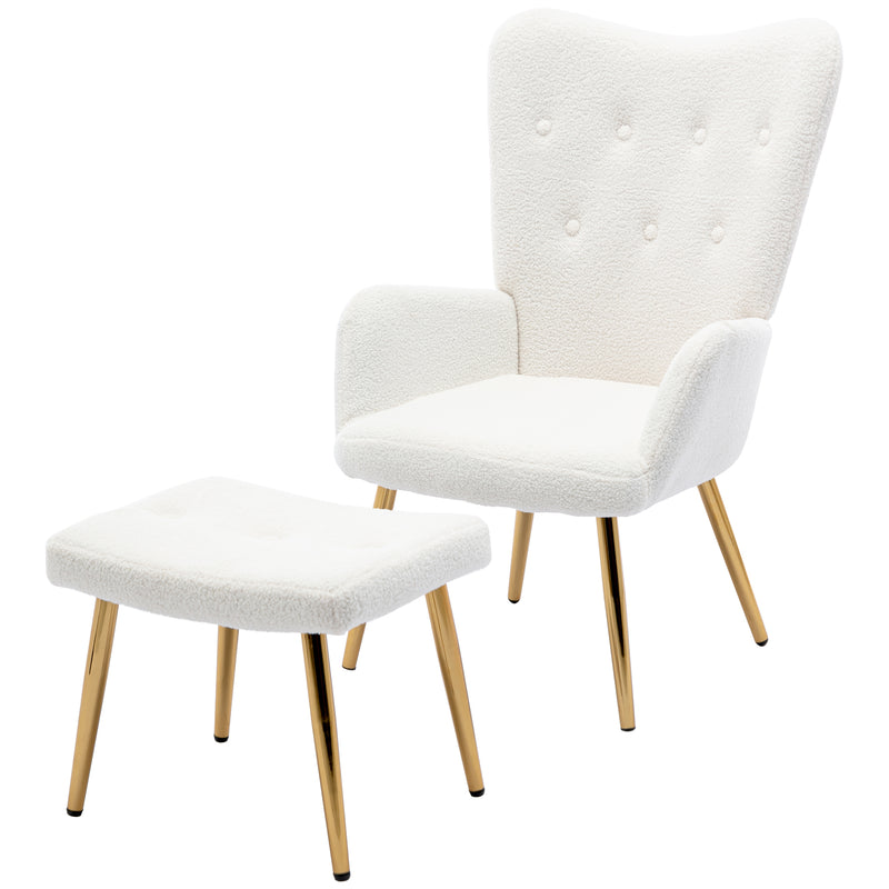 Fauteuil relax tissu Teddy polaire bouclette blanc scandinave repose-pieds assorti pieds dorés SUGEL