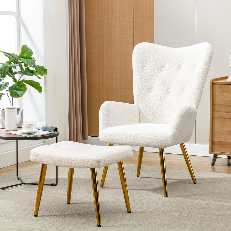 Fauteuil relax tissu Teddy polaire bouclette blanc scandinave repose-pieds assorti pieds dorés SUGEL