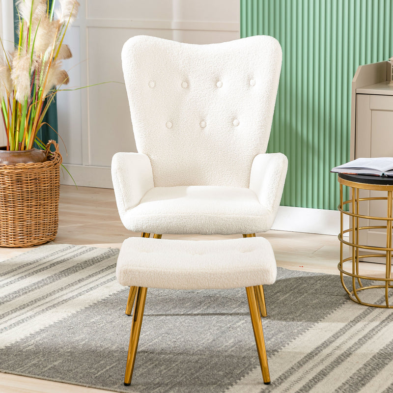 Fauteuil relax tissu Teddy polaire bouclette blanc scandinave repose-pieds assorti pieds dorés SUGEL