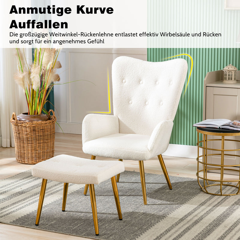 Fauteuil relax tissu Teddy polaire bouclette blanc scandinave repose-pieds assorti pieds dorés SUGEL