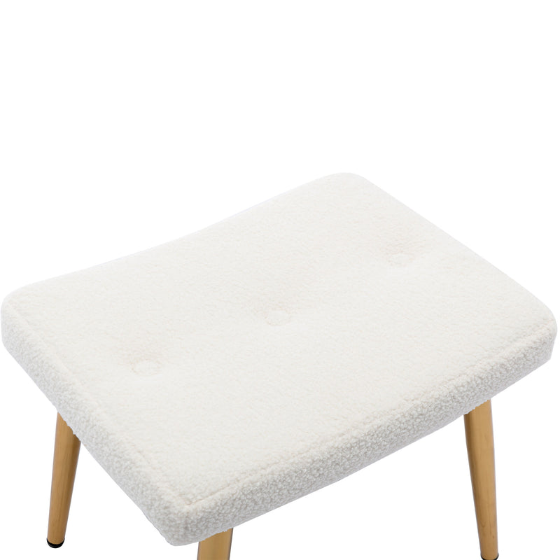 Fauteuil relax tissu Teddy polaire bouclette blanc scandinave repose-pieds assorti pieds dorés SUGEL