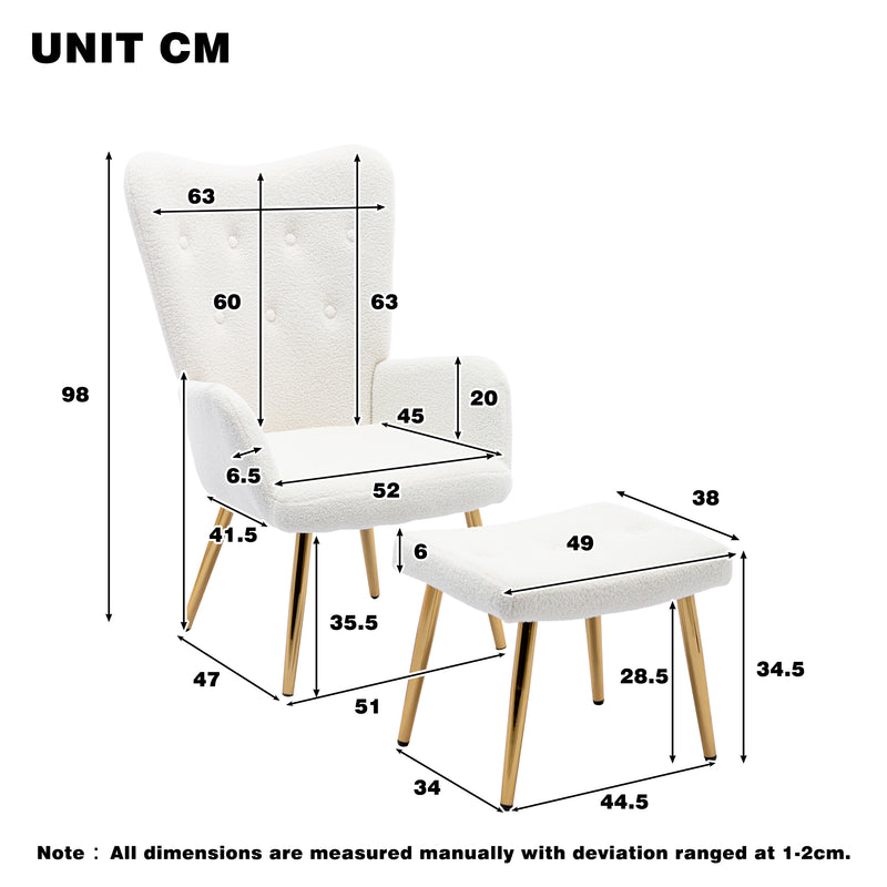 Fauteuil relax tissu Teddy polaire bouclette blanc scandinave repose-pieds assorti pieds dorés SUGEL