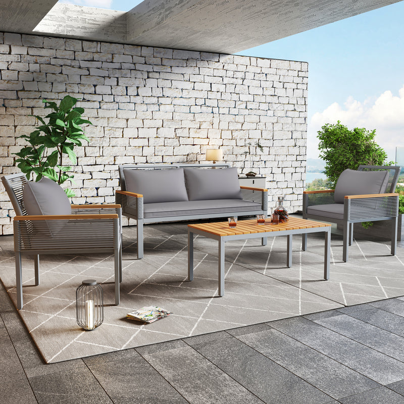 Ensemble de salon bas de jardin, canapé double, 2 fauteuils et table polyrotin anthracite QUCCEOK