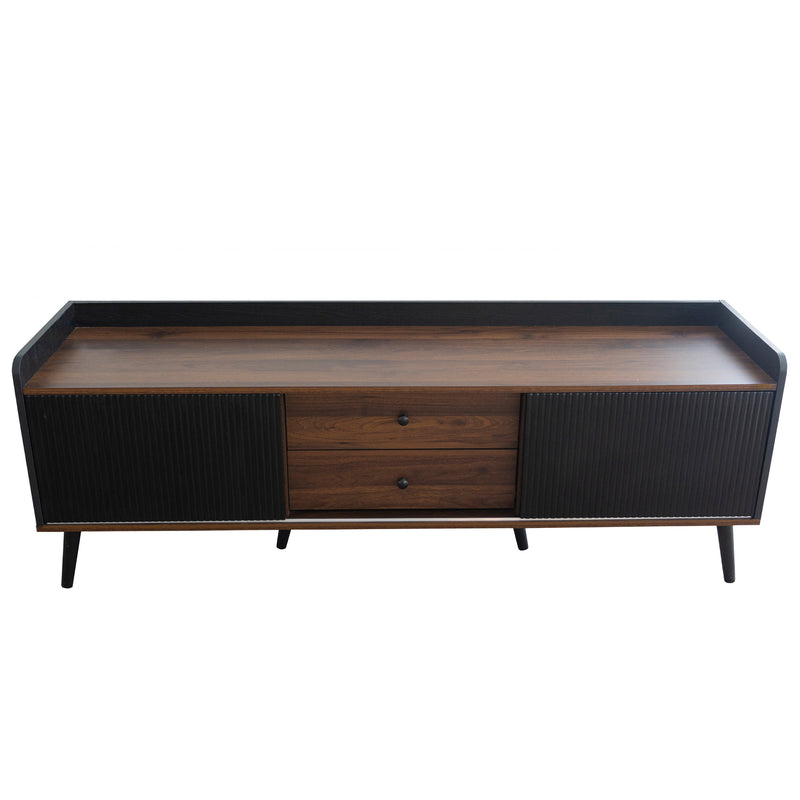 Meuble TV effet bois et noir avec 2 tiroirs au central et 2 portes coulissantes H58/L160/P40cm UNGRUDS