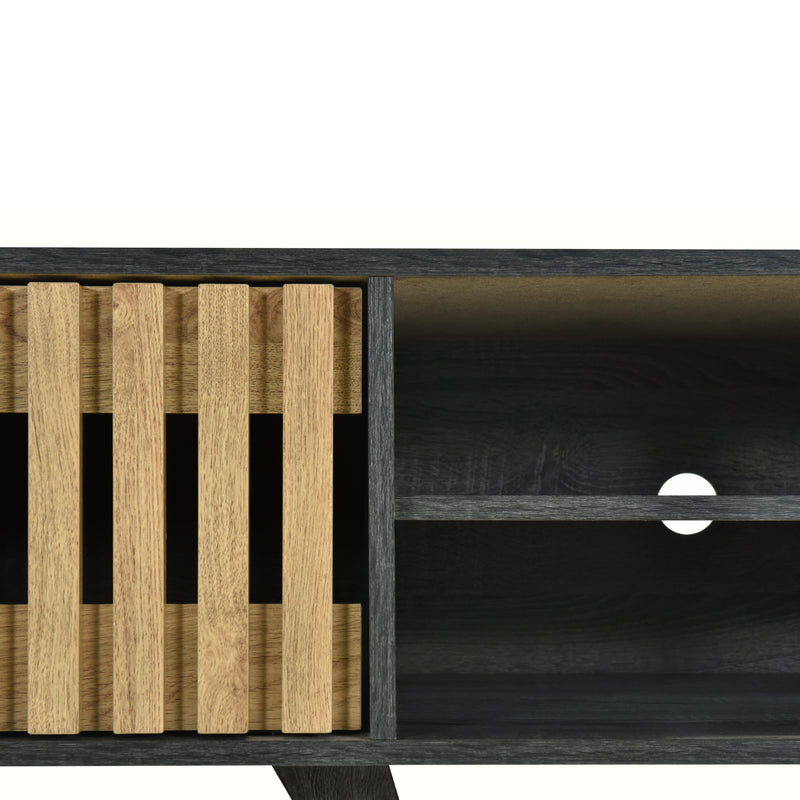 Meuble TV avec 2 tiroirs et 2 portes battants à lattes de bois vintage et de noir 160x 40x48 ZEILVAE