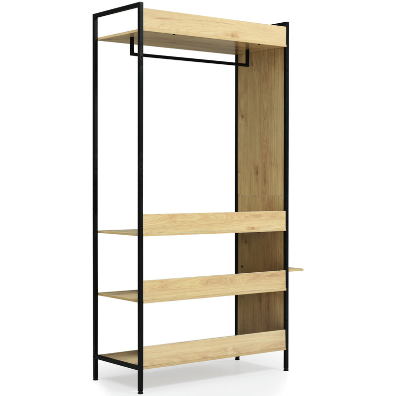 Metall-Kleiderschrank mit Kleiderschrank mit Spiegel, Mehrzweck-Kleiderschrank, 4 Regale, H193/L100/T45 cm, Metall-Kleiderständer, offenes Aufbewahrungssystem für Schlafzimmer, Xokols