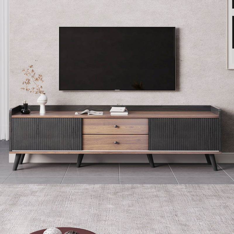 Meuble TV effet bois et noir avec 2 tiroirs au central et 2 portes coulissantes H58/L160/P40cm UNGRUDS