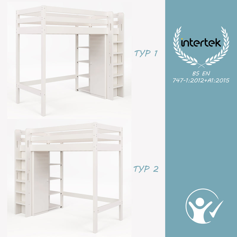 Lit mezzanine en bois blanc avec armoire et 6 étagères lit simple couchage 90x200 cm NENKAX