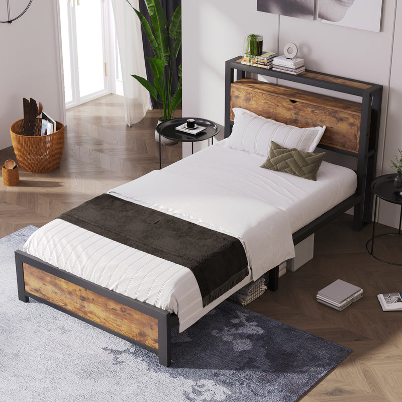 Lit simple industriel avec tête de lit rangement effet bois noyer et noir 90x200cm IKKIEL