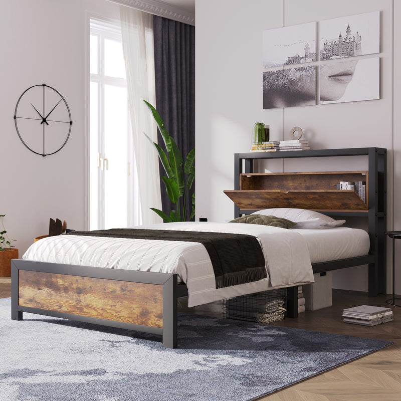 Lit simple industriel avec tête de lit rangement effet bois noyer et noir 90x200cm IKKIEL