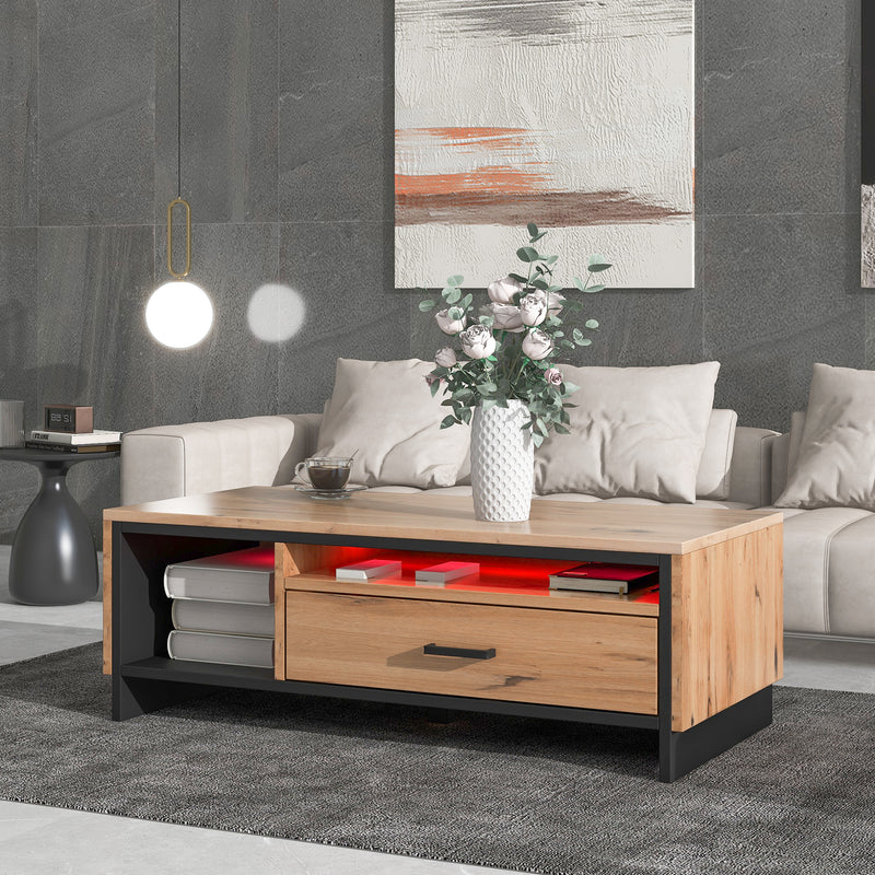 Table basse avec éclairage LED y compris télécommande aspect bois avec tiroir Eenga