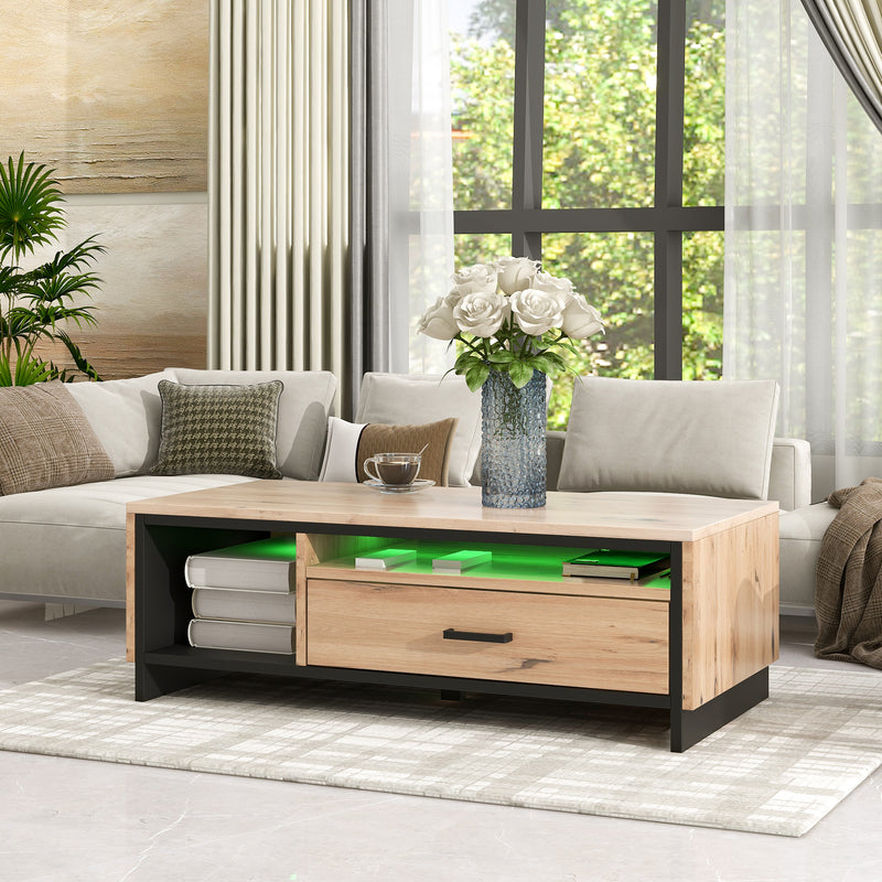Table basse avec éclairage LED télécommande aspect bois avec tiroir 100x50x35 EENGA
