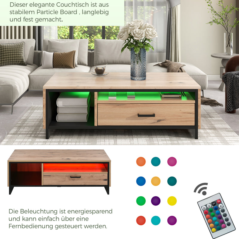 Table basse avec éclairage LED télécommande aspect bois avec tiroir 100x50x35 EENGA