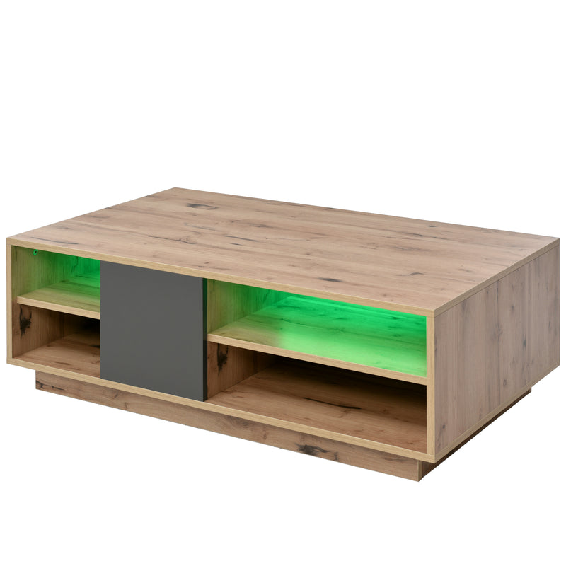 Table basse rectangulaire avec éclairage LED y compris télécommande aspect bois avec grand espace de rangement RAELDRULS